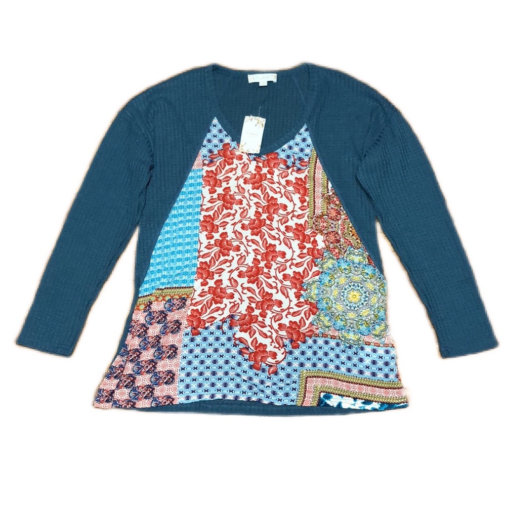 Weekend by  Suzanne Betro Boho Bib Front Thermal Waffle Top, size Small